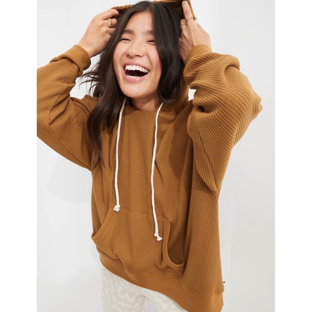 Aerie Waffle Knit Hoodie Women L mustard yellow gold Oversized Casual Loungewear